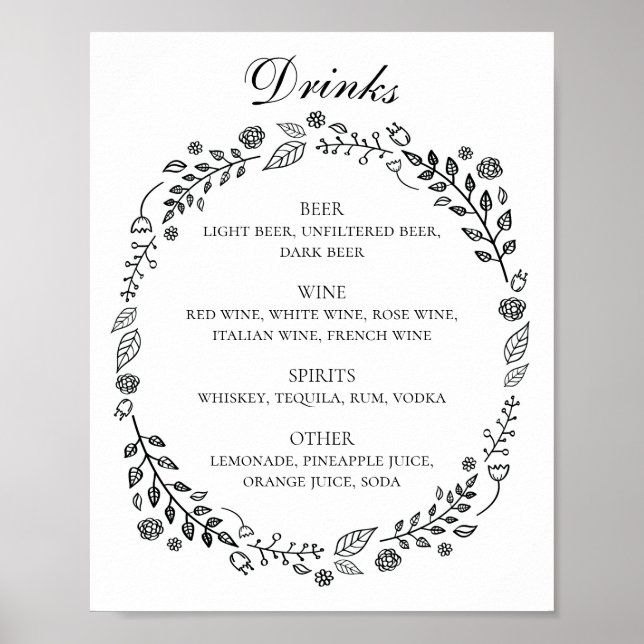 Póster Bar de bebidas alcohólicas boda floral blanco y ne (Frente)