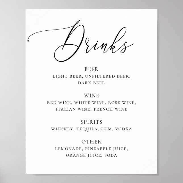 Póster Bar de bebidas de boda con elegante letra en blanc (Frente)