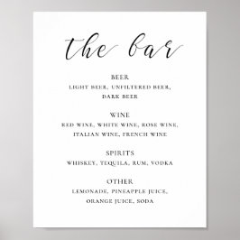 Póster Bar de bebidas para bodas de caligrafía en blanco 