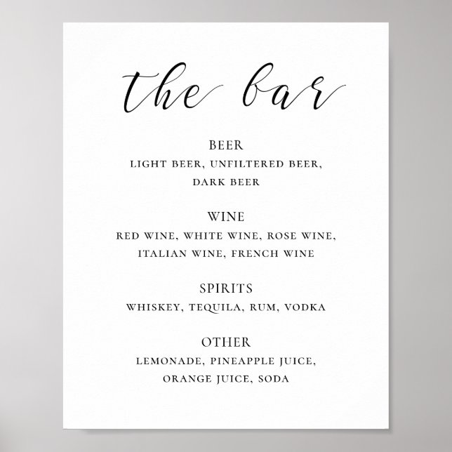 Póster Bar de bebidas para bodas de caligrafía en blanco  (Frente)