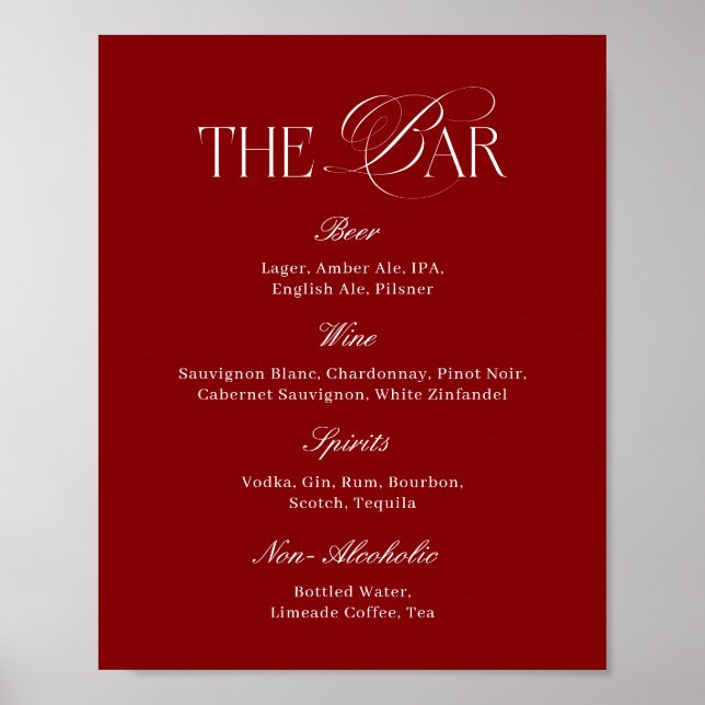 Póster Bar de Boda Burgundy Moderno (Frente)
