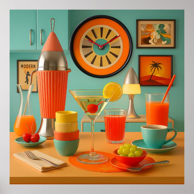 Póster Bar de desayuno Martini Retro Futurista Atómico (Frente)