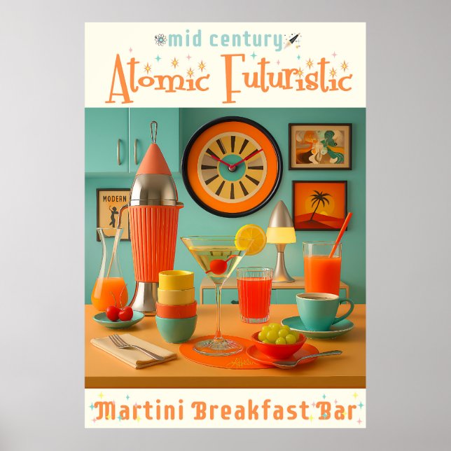 Póster Bar de desayunos Martini retrofuturista atómico (Frente)