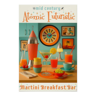 Póster Bar de desayunos Martini retrofuturista atómico