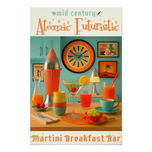 Póster Bar de desayunos Martini retrofuturista atómico (Anverso)