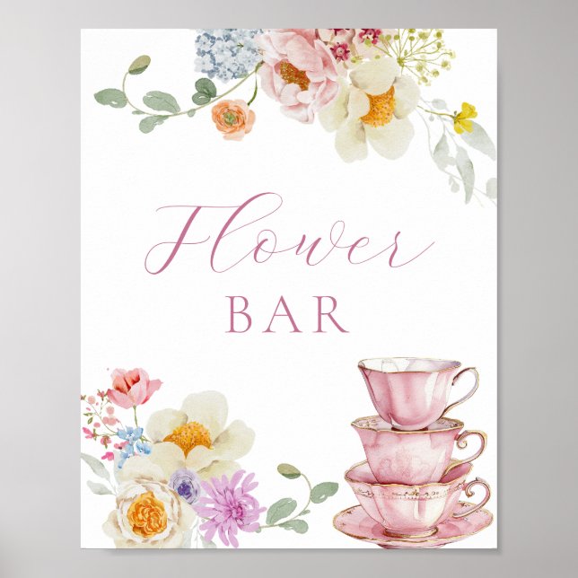 Póster Bar de flores y tazas de té rosadas (Frente)