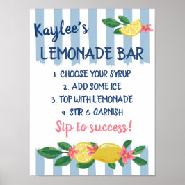 Póster Bar de Limonada de Graduación Limones y Rayas Azul