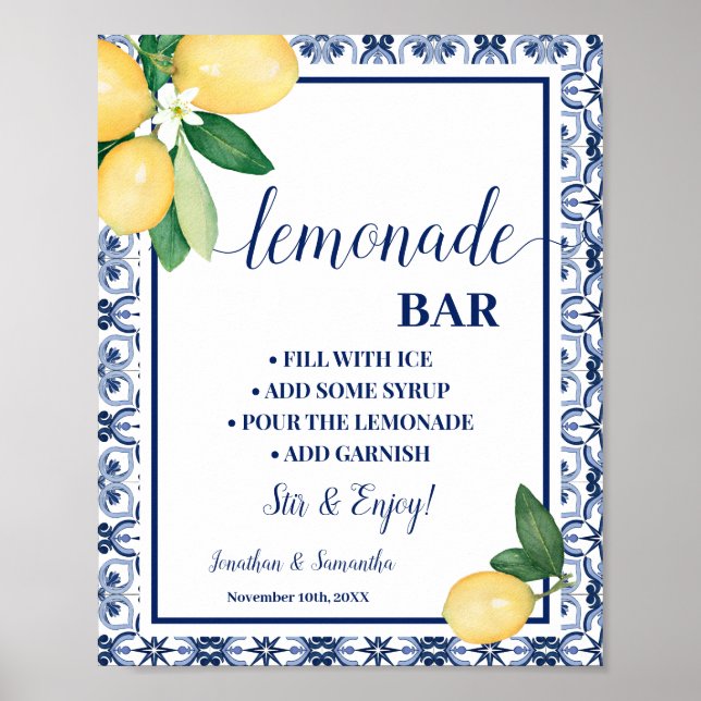 Póster Bar de Limonada Mediterránea Limones Azules  (Frente)