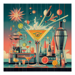 Póster Bar de Martini Citrus Futurista Atómico de Mediano