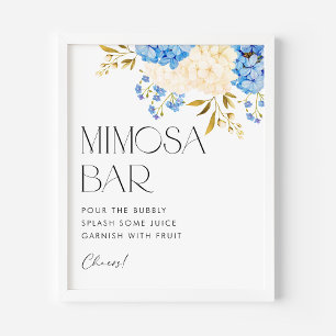 Póster Bar de Mimosa de Acuarela Azul y Blanco Hortensias
