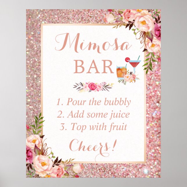 Póster Bar de Mimosa de Boda Floral de Brillo Dorado Rosa (Frente)