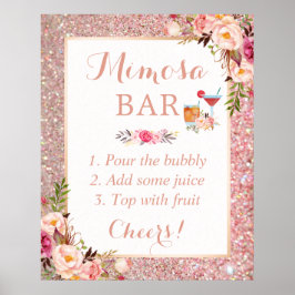 Póster Bar de Mimosa de Ducha Nupcial Floral con Brillo e