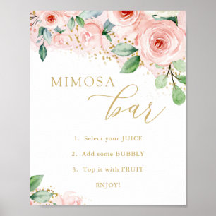 Póster Bar de Mimosa, Floral Rosa y Dorado para Despedida