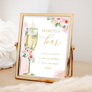 Póster Bar de Mimosa, Flores Rosadas y Doradas & Vidrio,