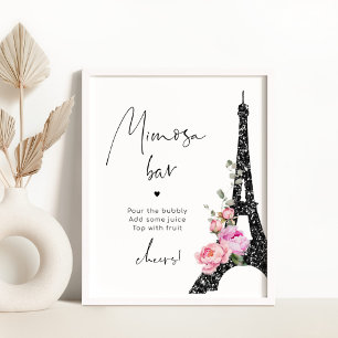 Póster Bar de mimosa nupcial Torre Eiffel rosa negro Parí