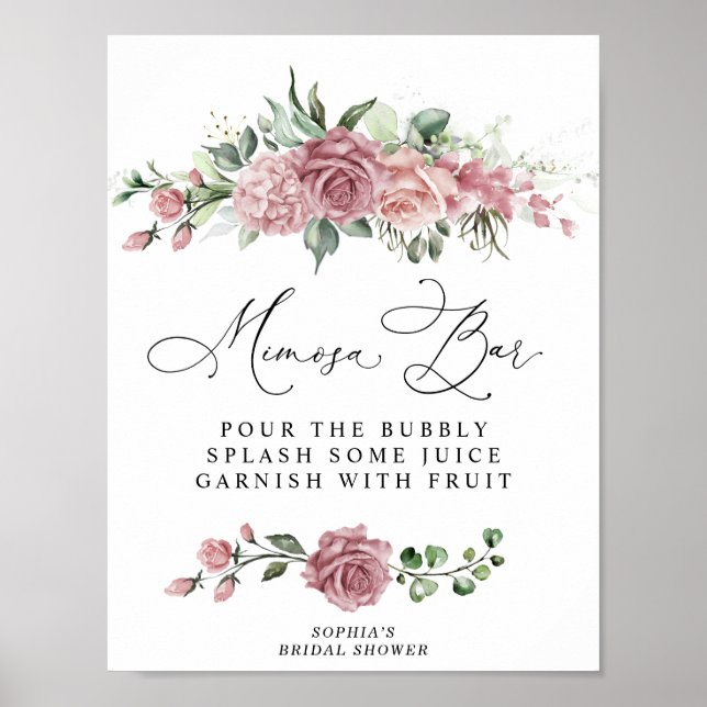 Póster Bar de Mimosa para Despedida de Soltera con Flores (Frente)