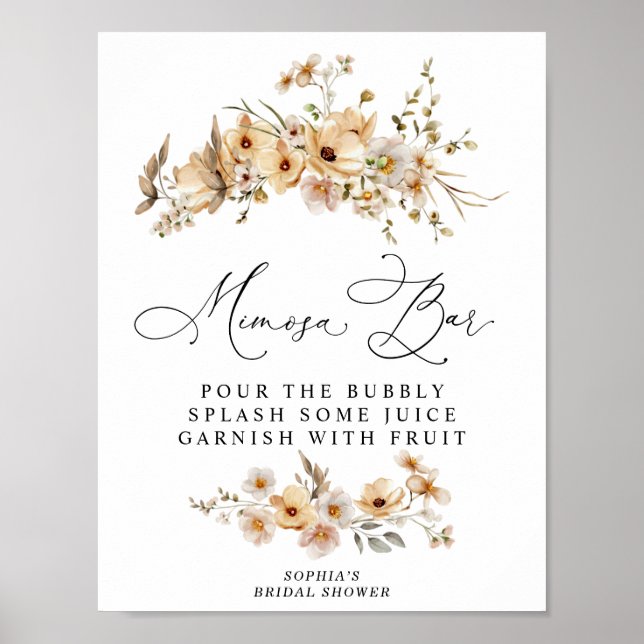 Póster Bar de Mimosa para Despedida de Soltera con Flores (Frente)