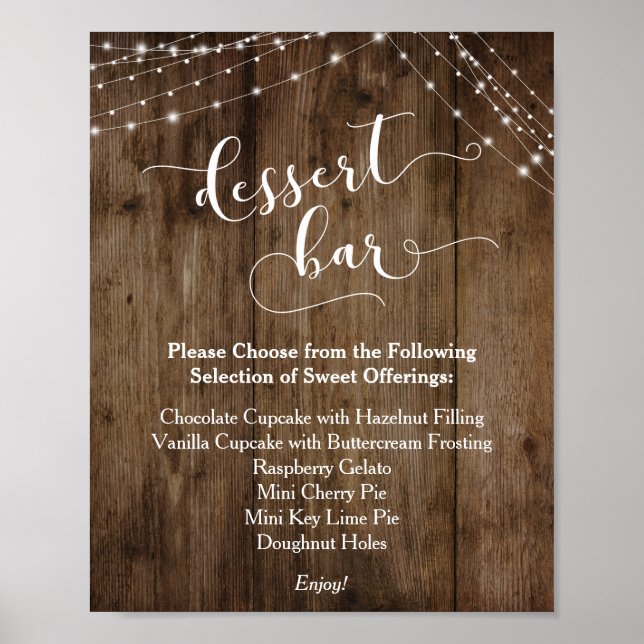 Póster Bar de postres Madera y Luces Boda Rótulo de recep (Frente)