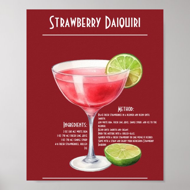 Póster Bar de recetas de fresa de fresa de Daiquiri (Frente)