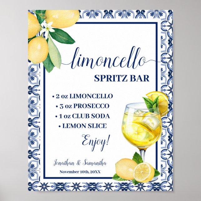 Póster Bar de Spritz de Limoncello Mediterráneo para Boda (Frente)