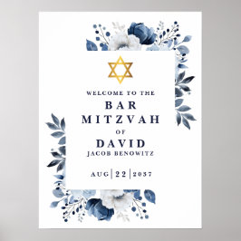 Póster Bar Floral Azul Mitzvah Bat Mitzvah Signo de bienv
