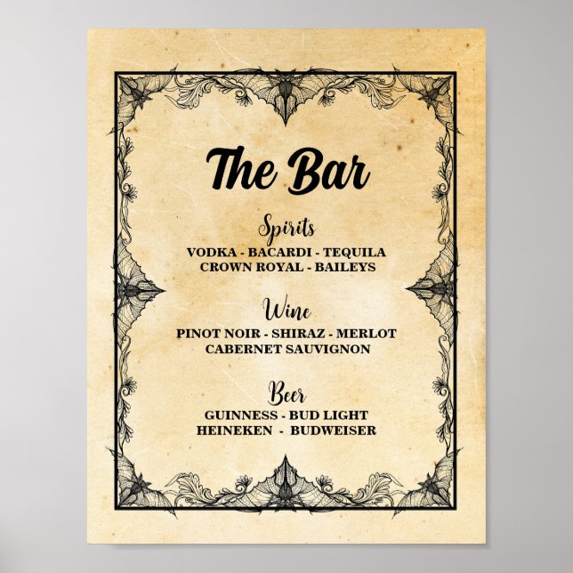 Póster Bar Gothic Halloween Rótulo Bats Wedding Recepción (Frente)