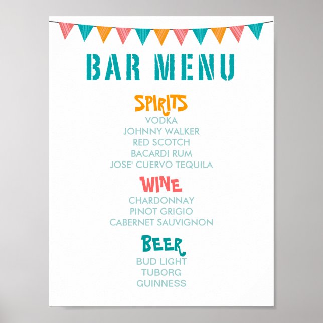 Póster BAR MENU boda estilo Fiest y recepción fiesta (Frente)