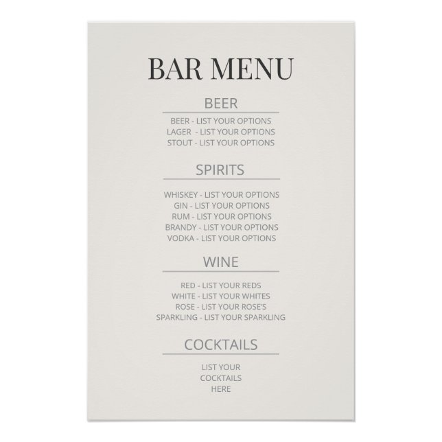 Póster  ‘Bar Menu’ Wedding Sign | Warm Ivory (Anverso)