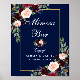 Póster Bar Mimosa Boda Floral Blue Burgundy Gold