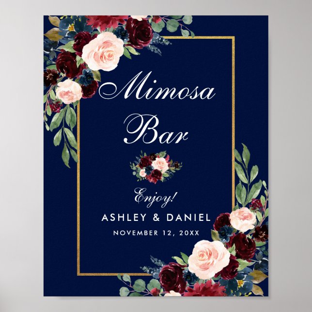 Póster Bar Mimosa Boda Floral Blue Burgundy Gold (Frente)