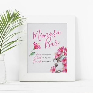 Póster Bar Mimosa de flores rosas y conejitos