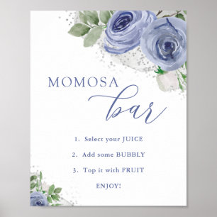 Póster Bar "MOM" osa, Baby Shower floral azul y plateado