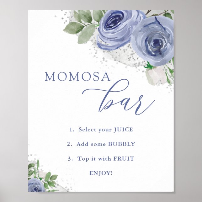 Póster Bar "MOM" osa, Baby Shower floral azul y plateado (Frente)