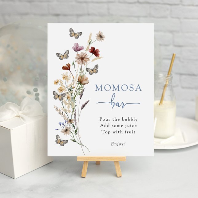 Póster Bar Momosa (Dusty Blue Wildflower Mimosa Bar Poster with Butterflies by Painted Paperie
)