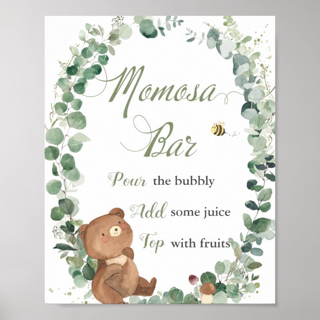 Póster Bar Momosa de Baby Shower con vegetación de oso pa (Frente)