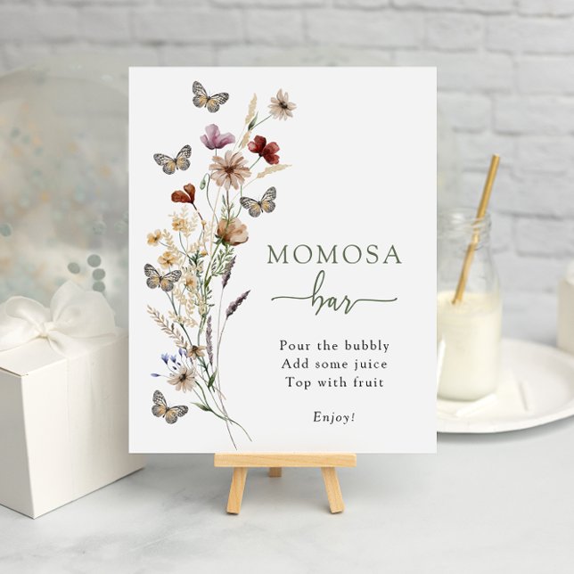 Póster Bar Momosa Green Wildflower (Sage Green Wildflower Momosa Bar Poster with Butterflies by Painted Paperie
)