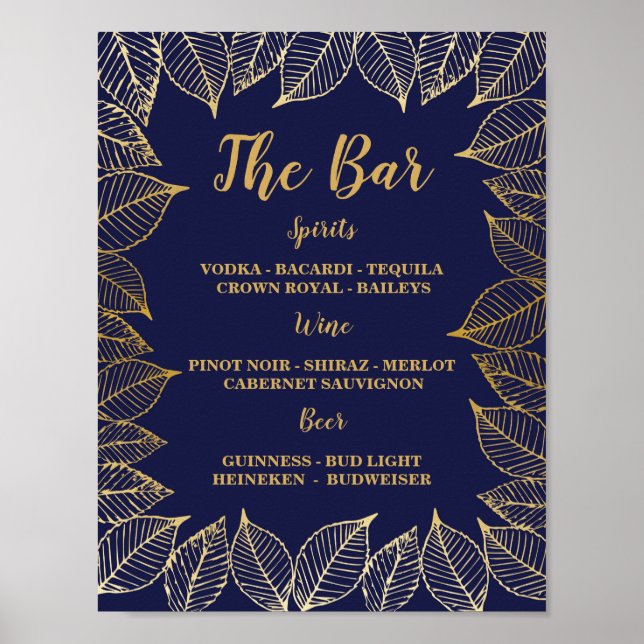 Póster Bar Navy Hojas de Oro Letrero Recepción de Boda (Frente)