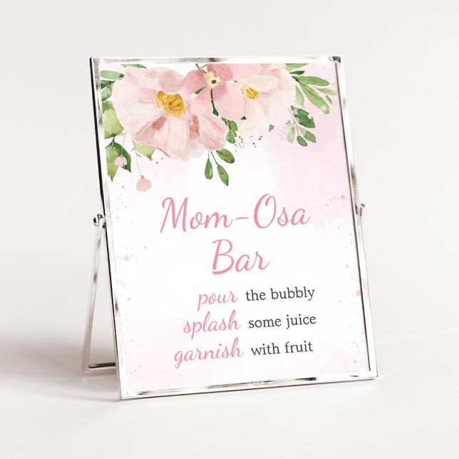 Póster Bar Osa Mamá de Primavera Floral Rosa Rubor (Blush Pink Spring Floral Baby Shower Mom Osa Bar Sign)