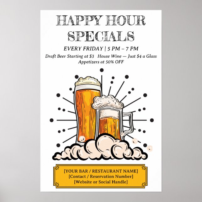 Póster Bar & Restaurante Happy Hour Personalizado (Frente)