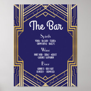 Póster Bar Rótulo Boda Recepción 1920 Navy Art Deco