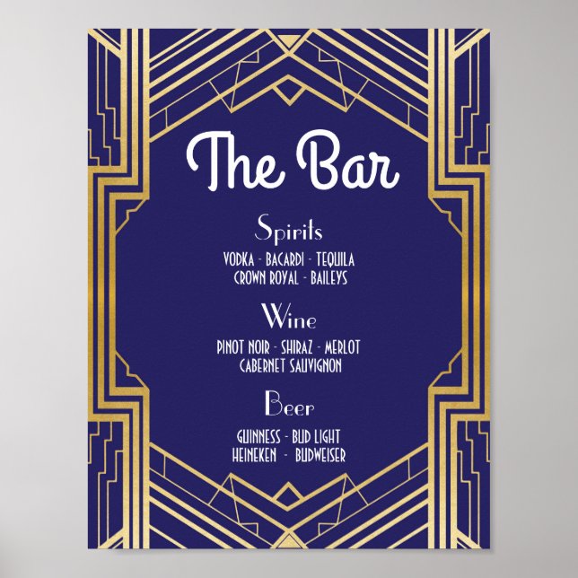 Póster Bar Rótulo Boda Recepción 1920 Navy Art Deco (Frente)