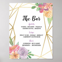 Póster Bar Rótulo Floral Summer Wedding Recepción Rosa
