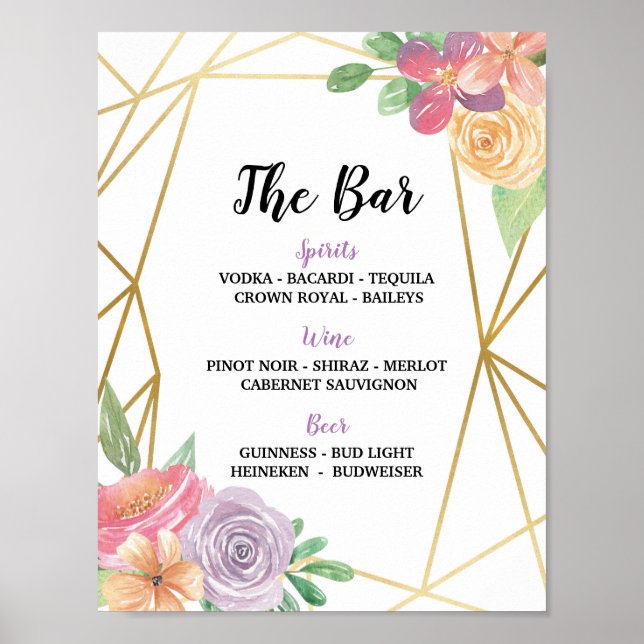 Póster Bar Rótulo Floral Summer Wedding Recepción Rosa (Frente)