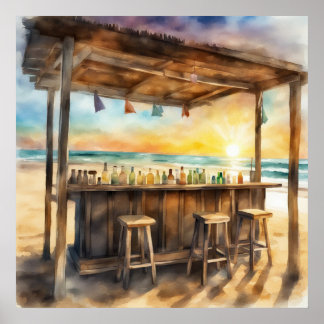 Póster Bar Tropical Tiki al atardecer - Vibe acuarela