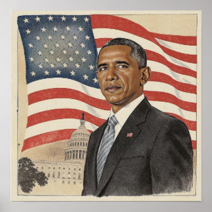 Póster Barack Obama frente a la bandera estadounidense y 