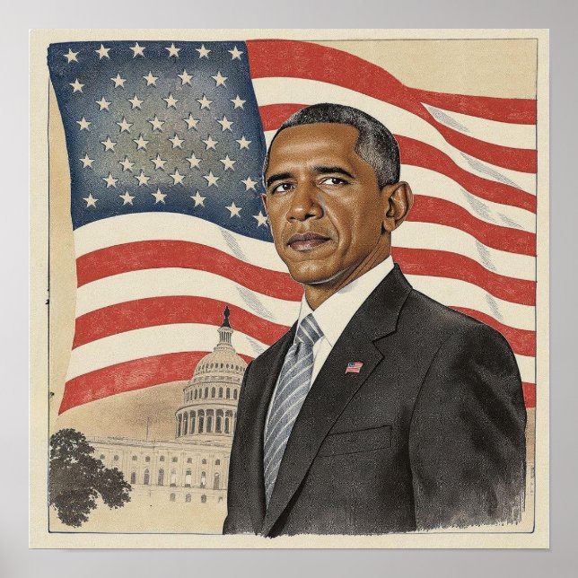 Póster Barack Obama in front of American Flag and Capitol (Frente)
