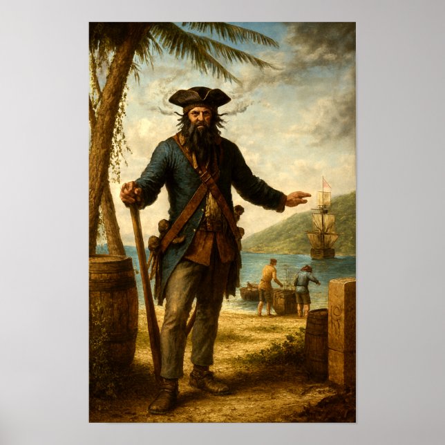 Póster Barba Negra El Pirata Con Barba Fumando (Frente)