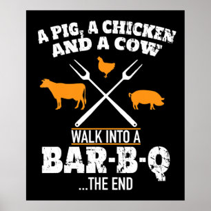 Póster Barbacoa Un Cerdo Un Pollo Y Una Parrilla Gracio