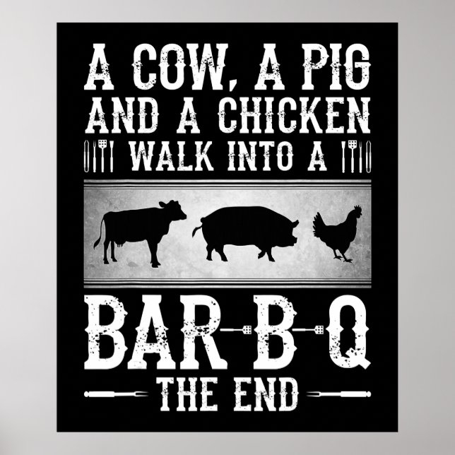 Póster Barbacoa | Una Vaca, Un Cerdo Y Un Pollo Entrando  (Frente)
