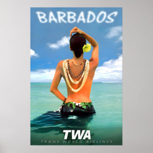 Póster Barbados Caribe Índias Occidentales TWA Línea Aére